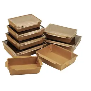FTS Disposable Biodegradable Takeaway Kraft Paper Food Packaging Lunch Box for Rice Noodles Vegetables Salad