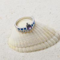 Bague de luxe en forme de larme avec gemme violette et opale bleue |   Bande ornée de zircons |   Bijoux fantaisie pour femmes pour les occasions spéciales