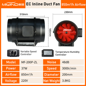 Ventilateur conduite en ligne, 370 CFM, 6 pouces, avec contrôleur de vitesse et moniteur d'humidité, pour tente de croissance - Product Image 6