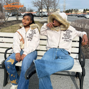 Felpe da uomo in cotone 100% felpe con <span class=keywords><strong>cappuccio</strong></span> in <span class=keywords><strong>pelliccia</strong></span> sintetica con cerniera 400gsm con stampa serigrafica personalizzata con Zip - Product Image 4