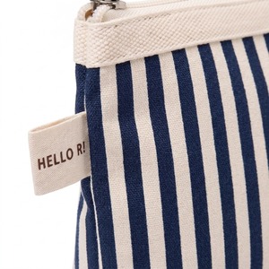 Striped Trapezoid Makeup <b>Bag</b> <b>Navy</b> and Cream Stripe Canvas Cosmetic Pouch Ecru Edge Zipper Custom Logo OEM ODM - Product Image 4