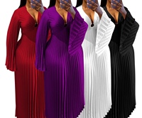 Vestido de Noche Elegante para Mujer, Talla Grande, Sexy, con Cuello en V Profundo, Pliegues de Acordeón, Manga Larga, Corte Ajustado, Vestidos Largos para Damas