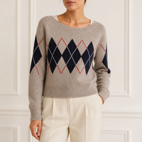 Pull personnalisé pour femme en tricot losanges, col rond, couleur avoine, bleu marine, rouge, blanc, motif losanges, fabrication OEM ODM