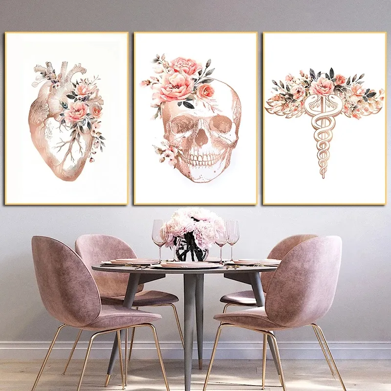 Cuadro de flores abstractas de anatomía del cuerpo humano, arte en lienzo de corazón, cerebro, órgano, educación médica, póster impreso, decoración de pared moderna