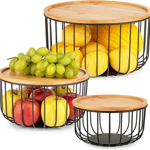 Three Piece Iron And Bamboo Fruit <b>Basket</b> Set Round Stackable Kitchen <b>Storage</b> With Lid <b>Large</b> Capacity For Fruits Vegetables - Product Image 5