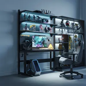 Modern özel ofis mobilyaları L şekilli ergonomik metal siyah pc oyun masa bilgisayar oyun masaları ile ayarlanabilir raf