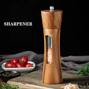 New Wooden Salt Grinders Refillable Manual Pepper Grinder with Acrylic Visible Window Ceramic Grinding Core Wood Pepper Mills