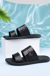 Sandales décontractées pour hommes en cuir PU, style peep-toe, texture croco, confortables, respirantes, à double bride large, 3 couleurs, vente en gros - Product Image 6