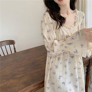 <span class=keywords><strong>Pigiama</strong></span> abbottonato con stampa floreale da donna in <span class=keywords><strong>cotone</strong></span> a manica lunga camicia da notte Vintage in <span class=keywords><strong>pizzo</strong></span> con finiture in <span class=keywords><strong>pizzo</strong></span> in tinta unita elasticizzata in vita Spandex - Product Image 4