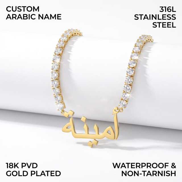 Dropshipping Tarnish-Free Stainless Steel Custom Arabic Name Necklace Icy CZ Tennis Chain Personalized Jewelry for Women