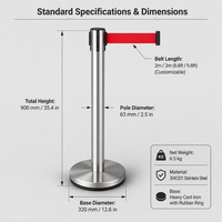 Poteau de délimitation rétractable robuste en acier inoxydable 3m rouge, barrière de contrôle des foules, indice de protection IP67, sans éclairage, pour aéroports et hôtels