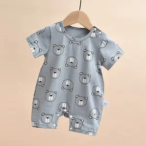 Pelele de algodón orgánico para bebé, pijama de bebé de manga corta, mono de dibujos animados para niño, monos Unisex para bebé azul y amarillo