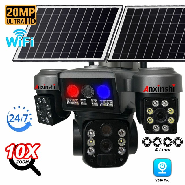 V380 Pro 10X Solar-Powered Outdoor CCTV Camera with 4 Lenses WiFi Connectivity CMOS Sensor Pan-Tilt Function Built-in Siren Mic