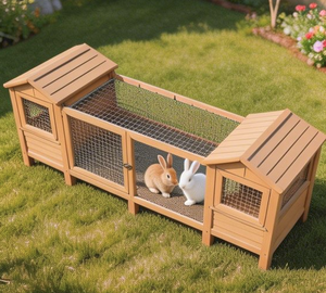 Custom Eco-Friendly Luxury Letter Milk Coffee Painted Fir Wood Double Hutch <strong>Rabbit</strong> Cage Two Independent <strong>Huts</strong> Shared Run - Product Image 1