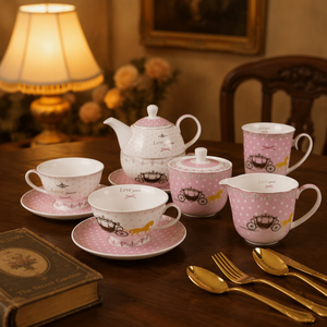 At Arabası Tasarımlı Pembe Puantiyeli Seramik Çay Seti, Çaydanlık, Fincanlar, Tabaklar ve Süt Kabı İçerir, Öğleden Sonra Çayı Servisi İçin - Product Image 1