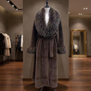Manteau long en fausse fourrure pour femme avec col en fourrure de renard, fermeture à ceinture, couleur unie, épais, chaud, vêtement d'extérieur d'hiver, manches longues, style élégant - Product Image 4