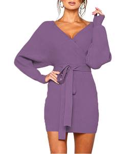 Femmes Sexy <span class=keywords><strong>Cocktail</strong></span> Batwing Manches Longues Dos Nu Mock Wrap Pull En Tricot Mini <span class=keywords><strong>Robe</strong></span> - Product Image 5