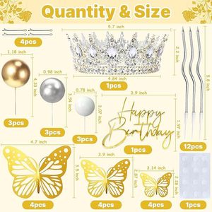 Kit de décoration de gâteau Couronne de Cristal, Diadème en Strass, Boule de Bougie Ondulée Dorée Papillon Filigrane, Joyeux Anniversaire, Fournitures de Fête Princesse - Product Image 6