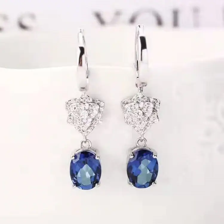 European gemstone jewelry eardrop wholesale 925 sterling silver 7x9mm natural tanzanite blue topaz pendant earring for women