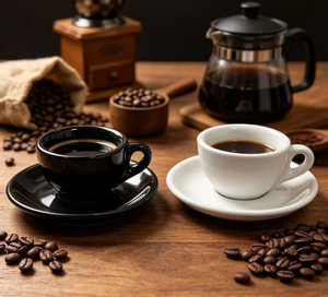 Juego de Taza y Platillo de Cerámica Negra para Espresso, 7 cm de Diámetro, Diseño Minimalista con Asa para Servir Café - Product Image 4