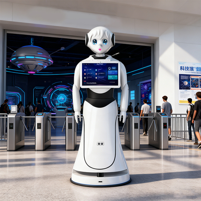 Premium Alice Reception Robot AI Voice Interaction 13.3" Interactive Display Auto Charge Lidar Navigation for Hotel Lobby