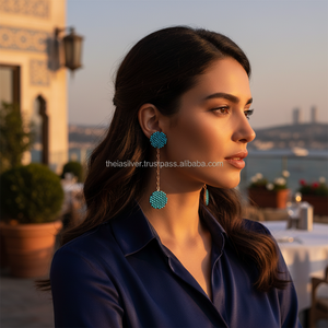 Pendientes largos de Plata de Ley 925 hechos a mano para mujer, venta al por mayor, Nano turquesa turco - Product Image 2