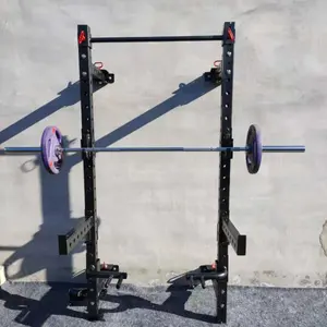 Equipo de gimnasio en casa, soporte de pared, estante de energía plegable en cuclillas con ganchos en J y Spotter