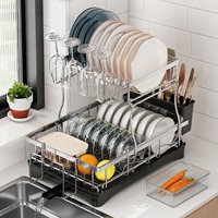 2-delige keuken afdruiprek van roestvrij staal, multifunctionele aanrechtblad organizer voor borden, kommen, bekers en bestek