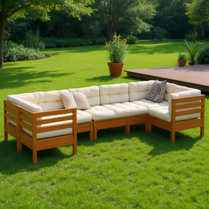 Conjunto de Sofás de Jardín de Teca para 6 Personas, Muebles de Exterior Resistentes a la Intemperie, Diseño Rústico, Estructura de Madera Maciza, Cojines Color Crema - Product Image 2
