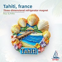 L'âme poétique d'une personne chinoise, coquillage français de Tahiti, maison en bois en bord de mer, aimant de réfrigérateur, autocollant magnétique 3D, souvenir de voyage