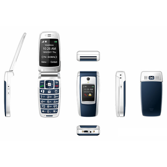 Factory Blue Dual LCD Flip Cell Phone for Seniors Large Battery Big Font Large Keypad SOS Feature Folding Senior Feature Phone