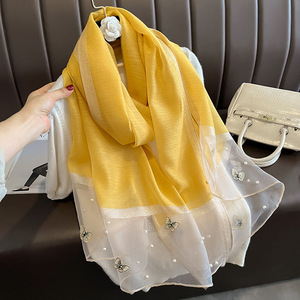 Châles en mélange de polyester et de soie brodés de papillons pour femmes, couleur unie, effet soie brillante, écharpe-stola avec perles, hijabs - Product Image 2