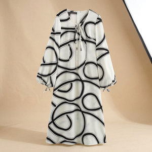 Women's <b>Loose</b> Midi <b>Dress</b> Geometric Print Puff Sleeve Tie Neck Casual Summer Woven Viscose <b>Dress</b> - Product Image 3