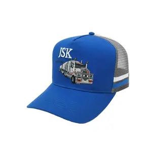 Fabricant de chapeaux de camionneur Casquettes Logo brodé sur mesure 5 panneaux Haut profil Fermeture en plastique réglable Casquette de camionneur en maille