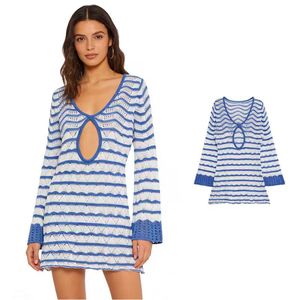 Nouvelle Robe Mini-jupe Tricotée Rétro à Rayures Creuses et Manches Longues pour Femme – Collection Été - Product Image 1