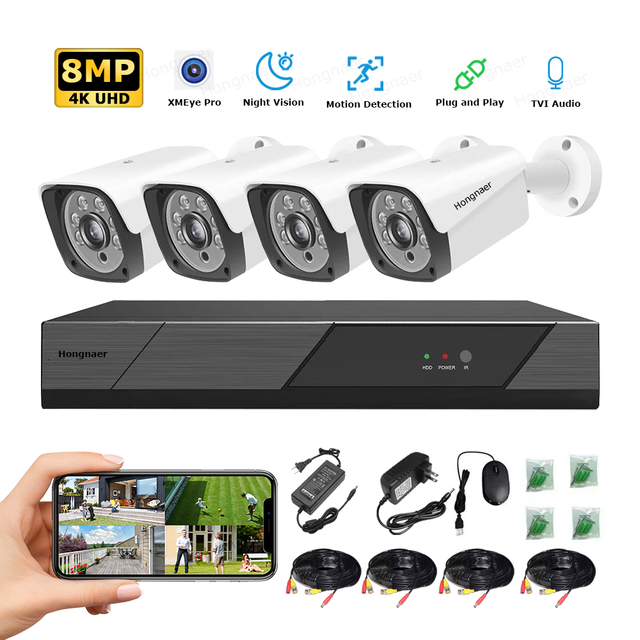 Hongnaer XMEye Pro 8MP 4CH 4K Analog Security CCTV Camera Surveillance System With AHD DVR Waterproof for Outdoor Home and Shop