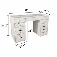 Table de toilette moderne française à miroir brillant, table de toilette de princesse en verre avec rangement caché dans le coin, table de maquillage avec 13 tiroirs
