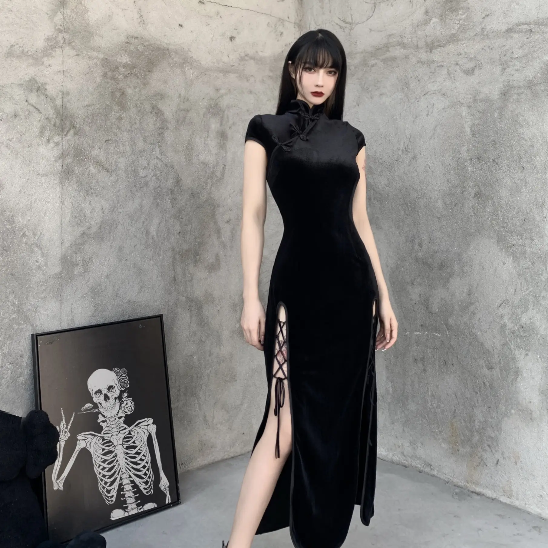 Autumn Winter Retro Cheongsam Dress With High Split Black Temperament Slim Skirt Sexy Gothic Dress Vintage Style