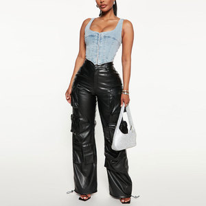 2413 Pantaloni Neri da <span class=keywords><strong>Donna</strong></span> OEM, Logo Personalizzato, Pantaloni <span class=keywords><strong>Cargo</strong></span> in Ecopelle Taglie Forti - Product Image 2