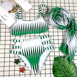 Conjunto <span class=keywords><strong>de</strong></span> Bikini a Rayas Sexy para <span class=keywords><strong>Mujer</strong></span>, <span class=keywords><strong>Traje</strong></span> <span class=keywords><strong>de</strong></span> Baño <span class=keywords><strong>de</strong></span> 3 Piezas con Top Bandeau y Cintura Alta, Ropa <span class=keywords><strong>de</strong></span> <span class=keywords><strong>Playa</strong></span> Personalizada para Verano - Product Image 4