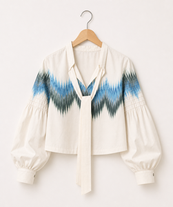 Hot Sell 2026 <b>White</b> Printed <b>Tops</b> Long <b>Puff</b> <b>Sleeve</b> Tie Neck Casual Fashion <b>Top</b> for Office and Daily Women Wear <b>Top</b> - Product Image 3