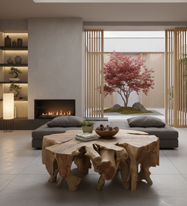 Mesa de centro de raíz de teca orgánica, hecha a mano con madera de teca maciza y tapa de vidrio, que ofrece durabilidad, valor artístico y elegancia. - Product Image 2