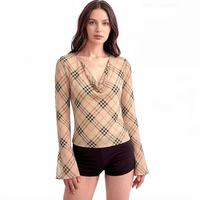 T-shirt d'été vintage pour femme à col bénitier, manches évasées, imprimé numérique, respirant et anti-boulochage en maille