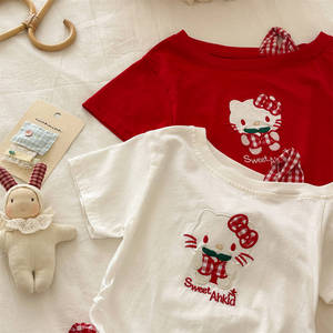 TongXingYuan Girls' KT <b>Cat</b> Short Sleeve T-Shirt Red White Cotton Cartoon Summer <b>Top</b> Kids Fashion Clothes - Product Image 4