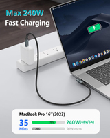 100 Watt 20Gbps kabel USB C 90 derajat sudut kanan 3.2 Gen2 Tipe C ke USBC 100 W 240 W Pd kabel Data pengisian cepat 240 Watt