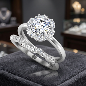 แหวนแต่งงานเพชรทรงกลมเพาะเลี้ยงแบบ Halo พร้อมวงแหวนโค้งเข้าชุด ทอง 10K 14K 18K เงิน 925 935 เครื่องประดับชั้นดี - Product Image 1