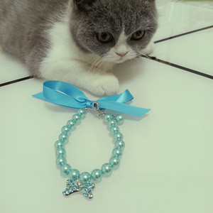 Lüks Pet inci kolye Bling köpek kedi inci yaka kolye papyon ile sevimli Pet süs köpek kemik kolye - Product Image 6