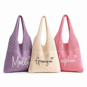Bolso de Playa de Crochet, Bolso de Hombro de Verano de Malla Tejida a Mano con Nombre Personalizado Bordado, Regalo para Damas de Honor - Product Image 1