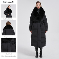 Veste d'hiver longue et brillante noire surdimensionnée coupe-vent pour femmes avec col en fourrure de renard véritable et doublure en duvet d'oie