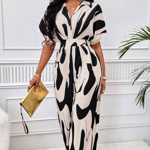 Combinaison pour femme à taille haute, manches bouffantes, imprimé animal peint à la main, polyester, décontractée, pour le bureau, les fêtes, coupe ample, combinaison <span class=keywords><strong>une</strong></span> pièce - Product Image 1